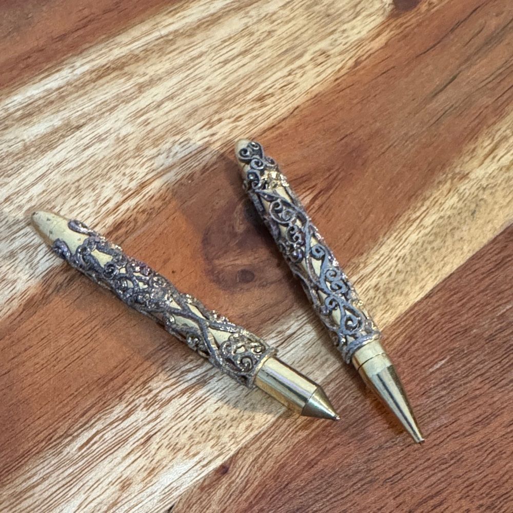 Vintage Ornate Filigree Gold Tone Mini Pen Pencil Set MCM Bridge Writing Kit